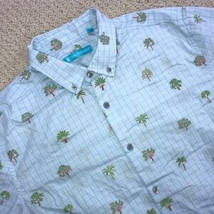 Tori Richard Small Blue Grid Tropical Palm Tree Print Cotton Button Up Shirt